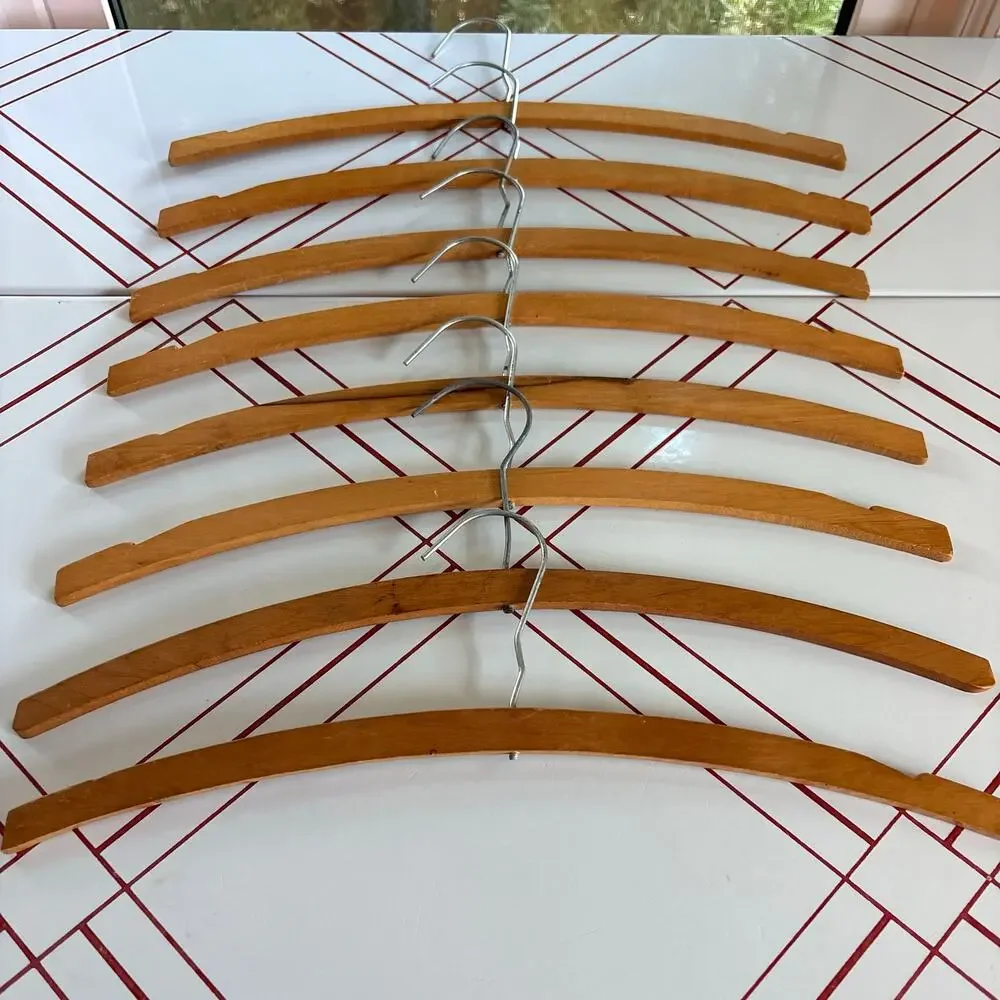 Vintage Wood Clothes Hangers Set of 8 Curved Notched 16 Inch